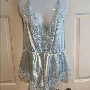 Mentionables Silky Lace-Trim Romper - Light Blue